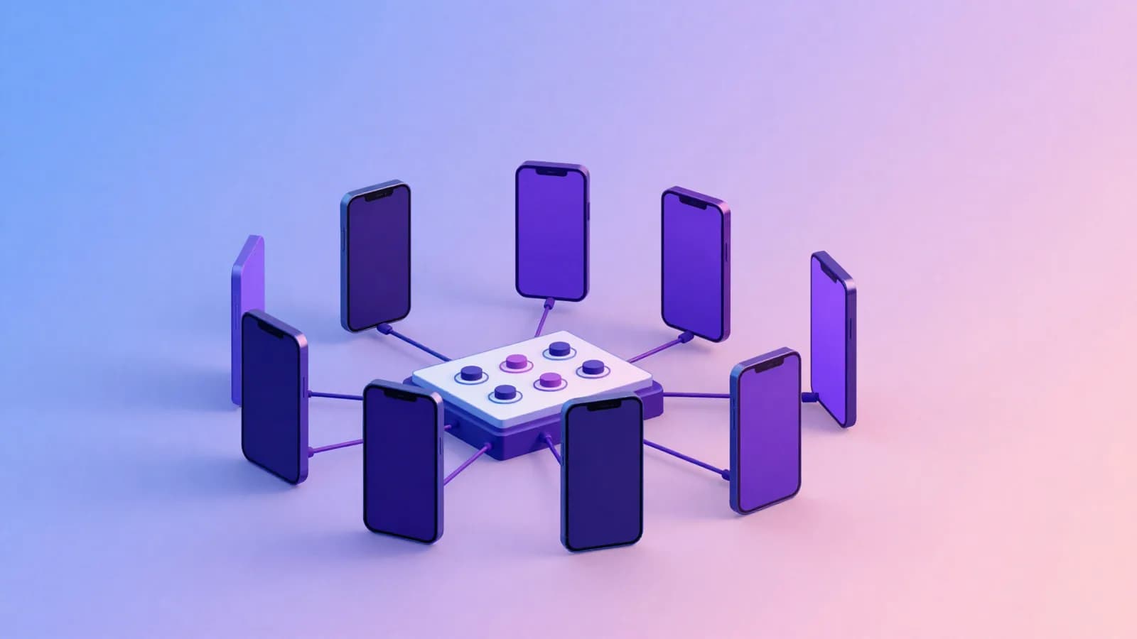 Ilustração de vários celulares conectados a um único painel de controle central, representando a organização de múltiplos bots de vendas