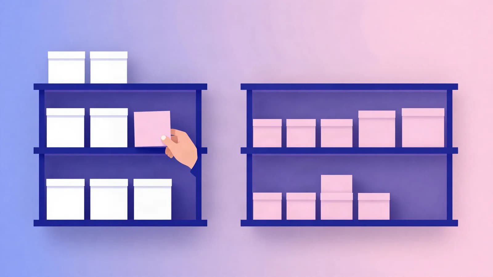 Ilustração de duas prateleiras com caixas e uma mão escolhendo uma delas, em tons de índigo, violeta e rosa