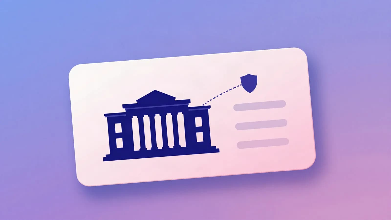 Ilustração de um cartão retangular ao lado da silhueta de um prédio institucional com colunas e um escudo, ligados por linhas pontilhadas, em tons de índigo, violeta e rosa
