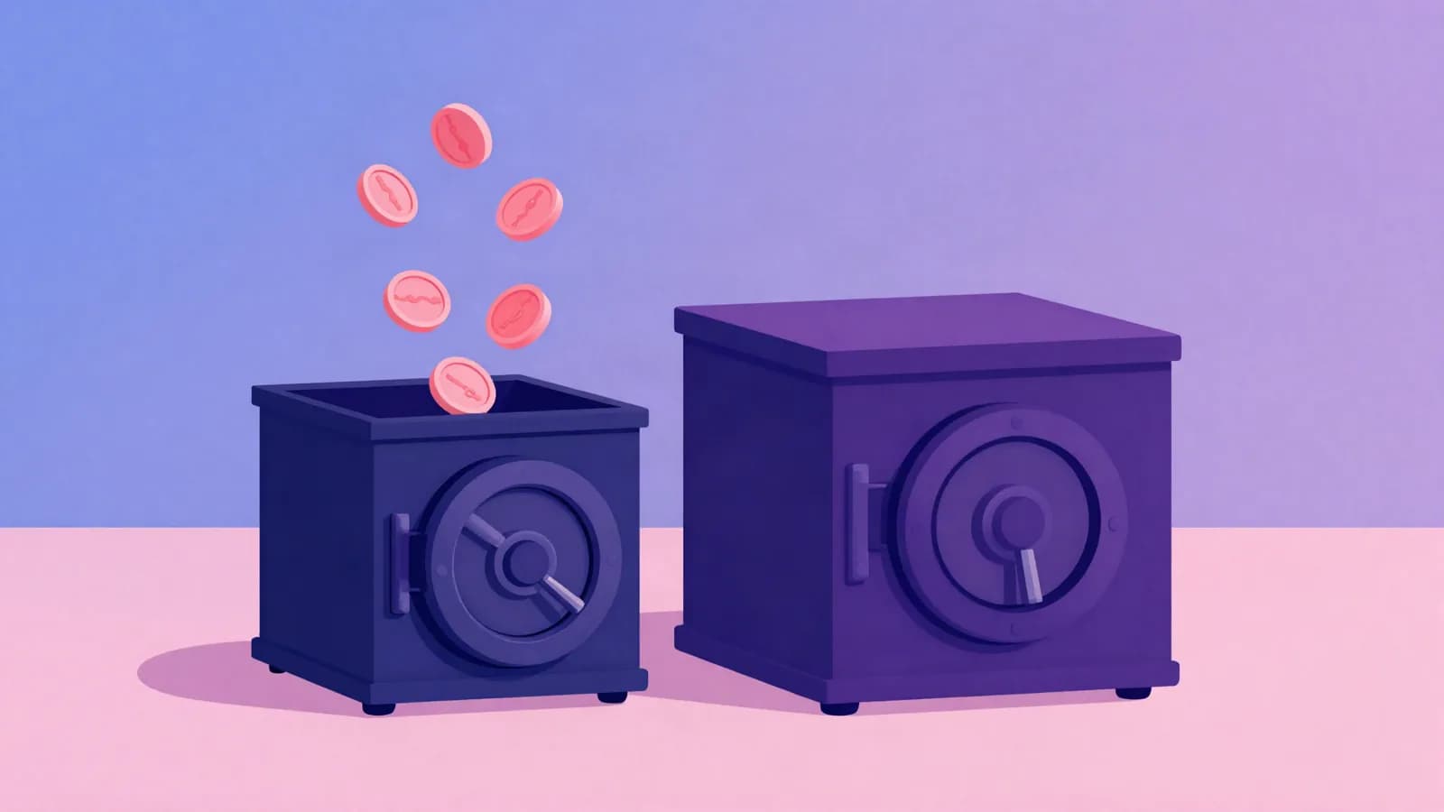 Ilustração de moedas caindo dentro de um cofre aberto, ao lado de um segundo cofre fechado, em tons de índigo, violeta e rosa