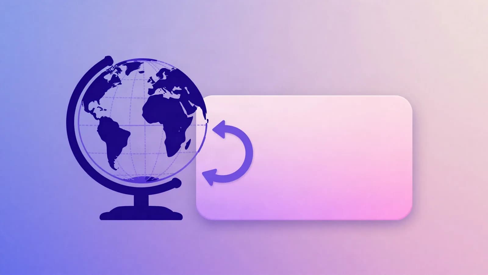 Ilustração de um globo terrestre sobre um suporte, ao lado de duas setas curvas de conversão e de um cartão rosa arredondado, em tons de índigo, violeta e rosa