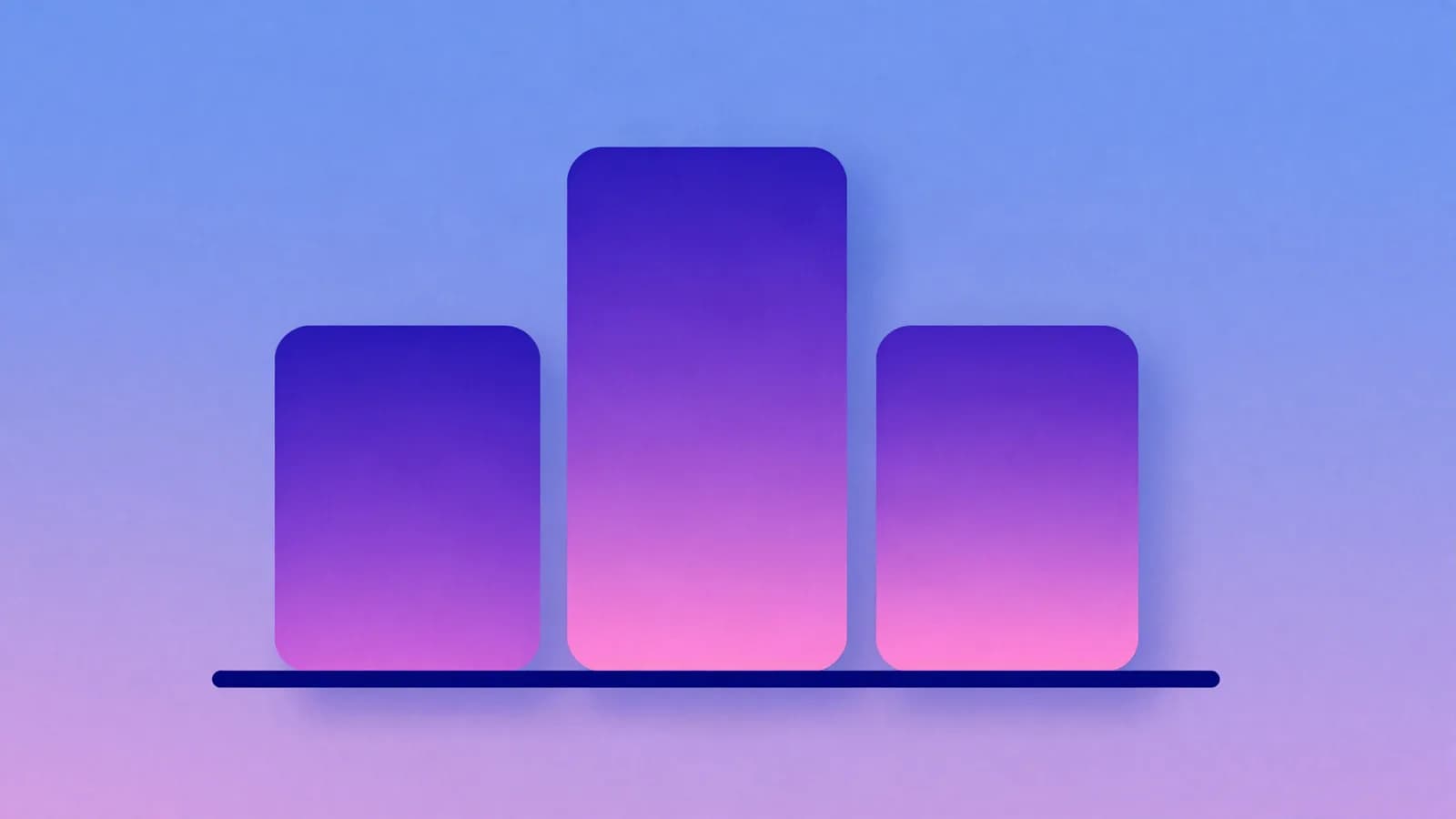 Ilustração de três cartões de alturas diferentes apoiados numa linha de base com duas marcações, em tons de índigo, violeta e rosa