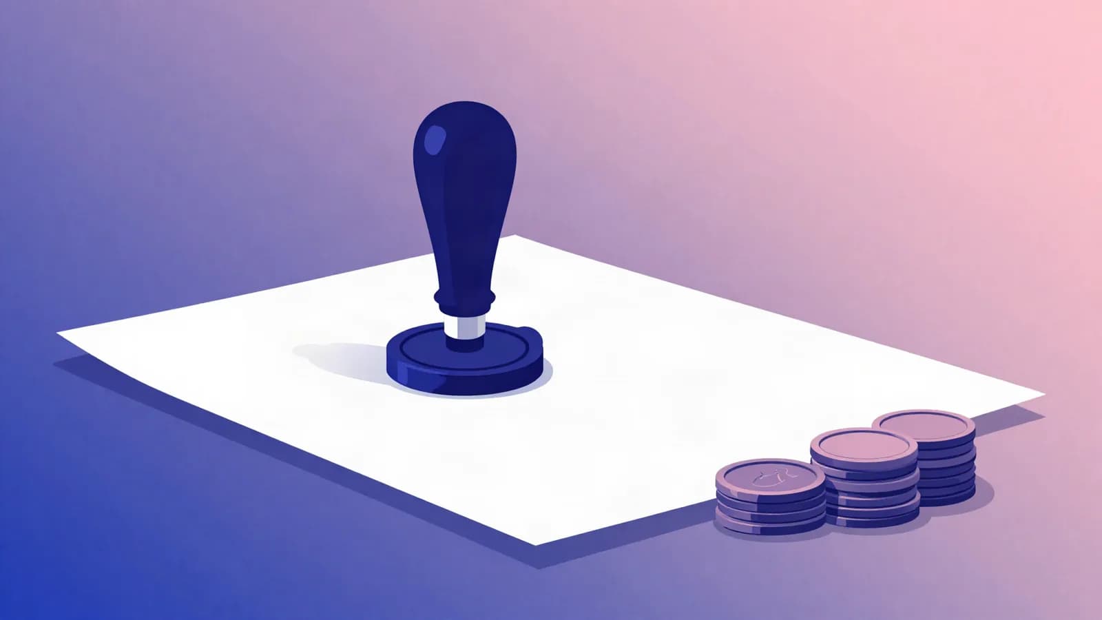 Ilustração de um carimbo pressionando uma folha de papel em branco ao lado de pilhas de moedas, em tons de índigo e rosa