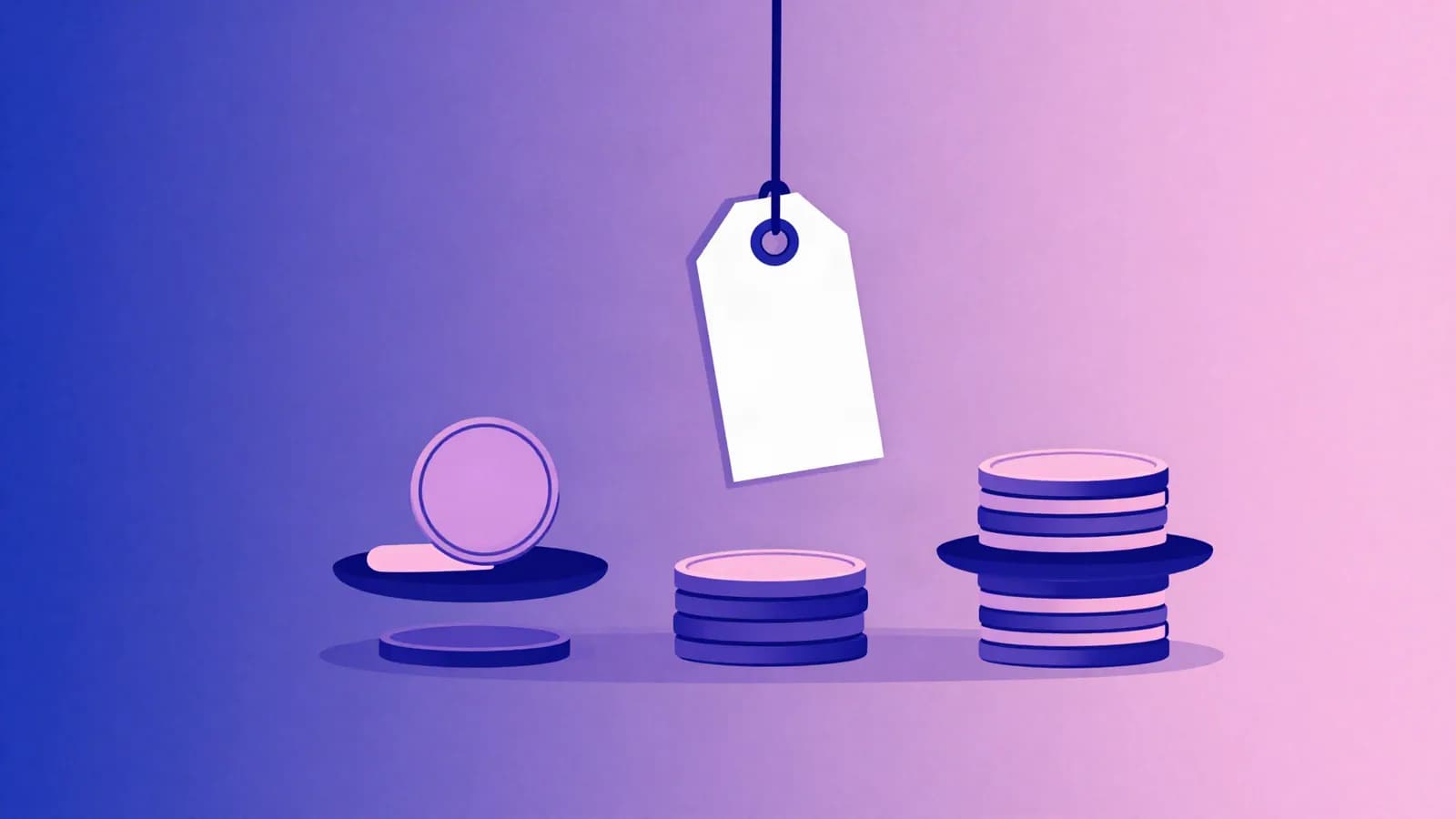 Ilustração de uma etiqueta de preço ao lado de uma pilha de moedas, com uma moeda passando de um lado para o outro, em tons de índigo, violeta e rosa