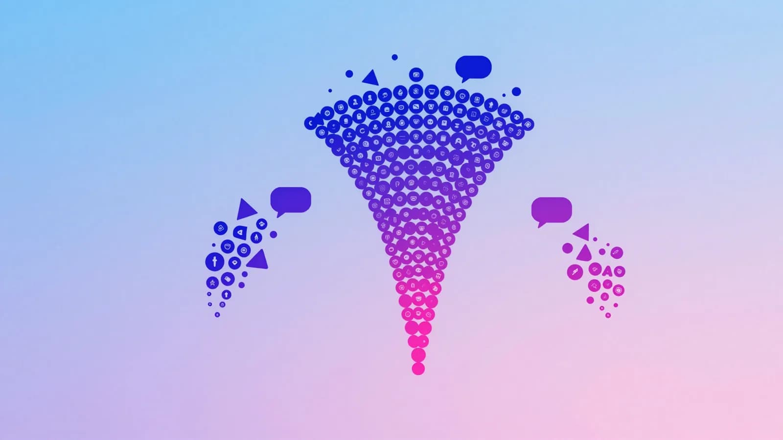 Ilustração de um funil dividindo um fluxo de ícones em três grupos separados, cada um seguindo para um balão de conversa diferente