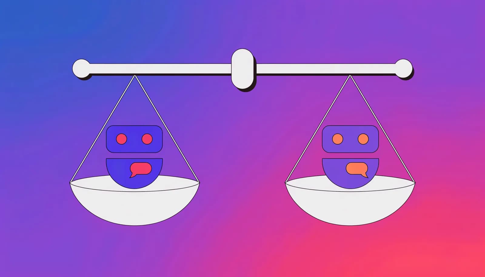 Ilustração de uma balança comparando dois ícones de bot, representando a comparação entre duas ferramentas de venda no Telegram