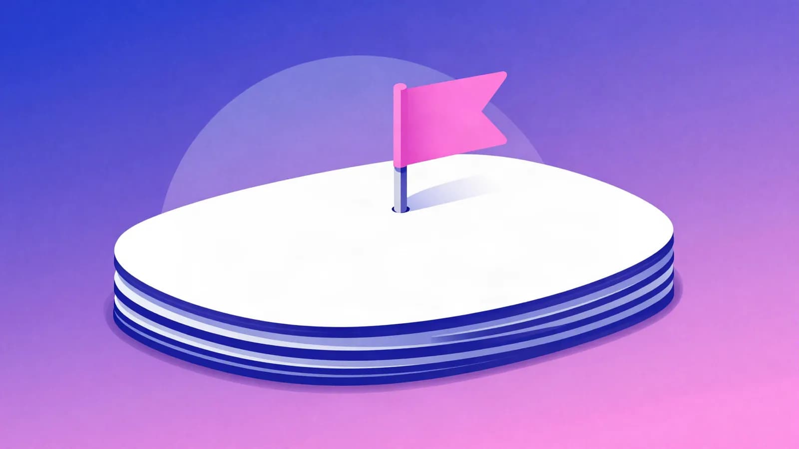 Ilustração de uma pilha de cartões arredondados com uma pequena bandeira rosa fincada no topo, em tons de índigo, violeta e rosa