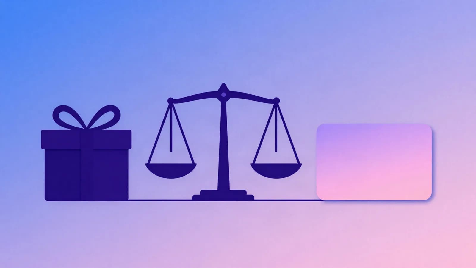 Ilustração de uma caixa de presente ao lado de uma balança de dois pratos e de um cartão em branco, em tons de índigo, violeta e rosa