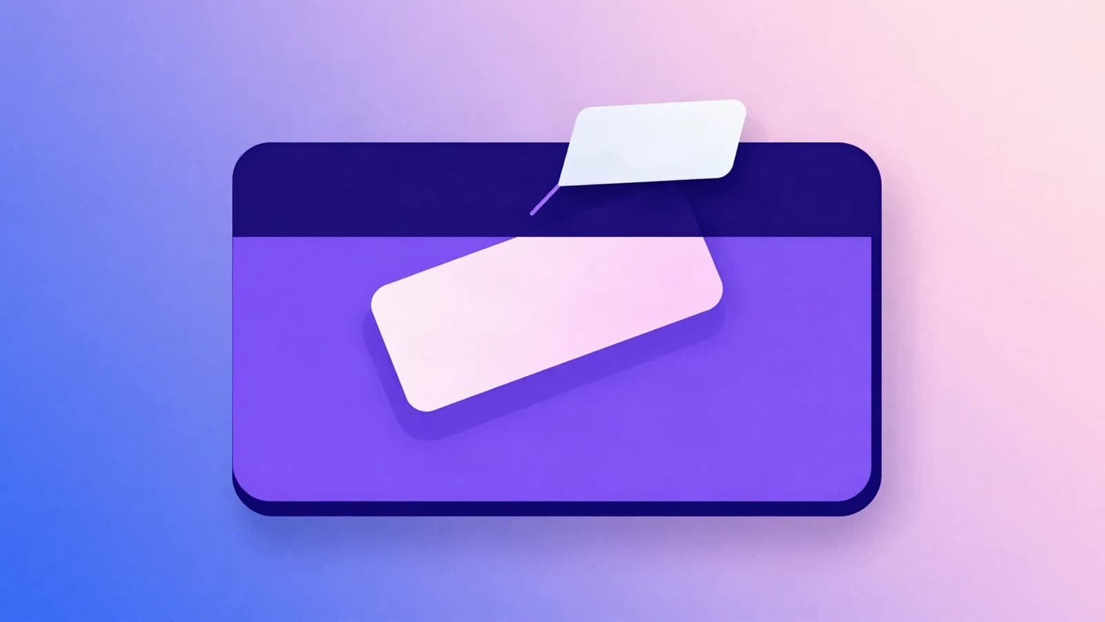 Ilustração de um cartão retangular arredondado em violeta com duas etiquetas em branco sobre ele, em fundo índigo e rosa