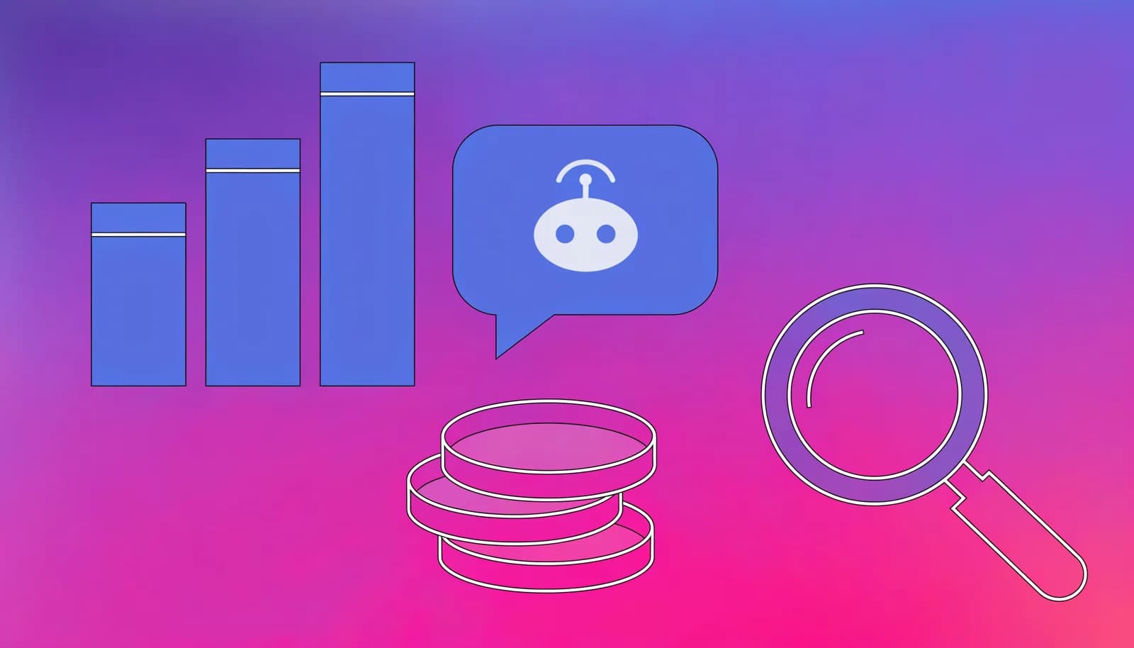 Ilustração de colunas de gráfico comparando custos, um balão de conversa com ícone de robô e pilhas de moedas, representando o comparativo de taxas de bots no Telegram