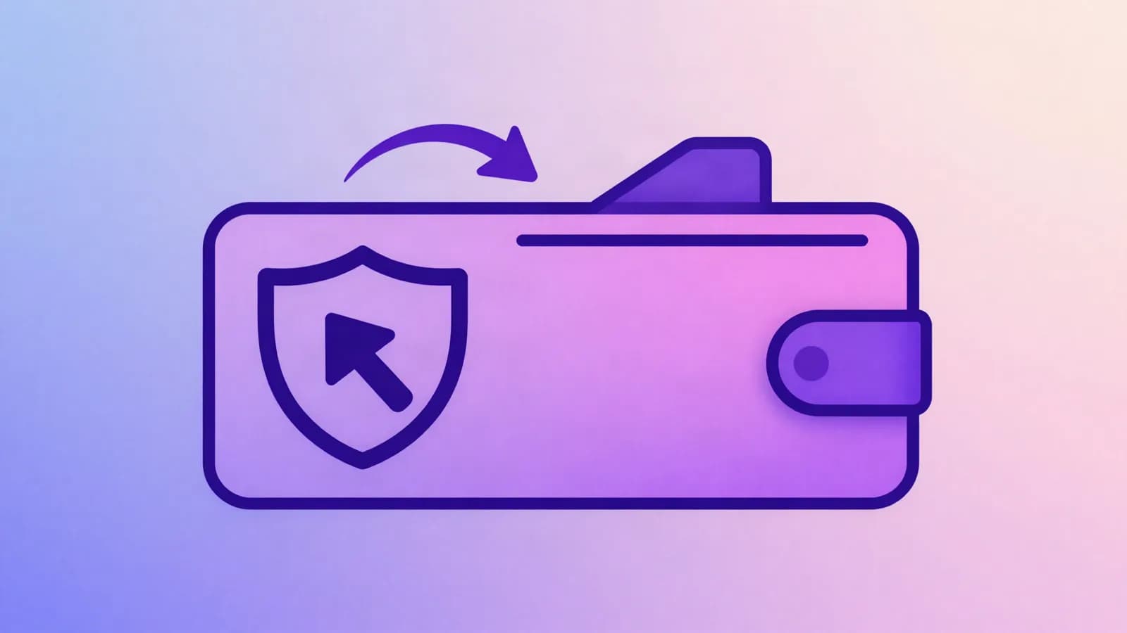 Ilustração de uma carteira com um escudo estampado e uma seta curva entrando nela, em índigo, violeta e rosa