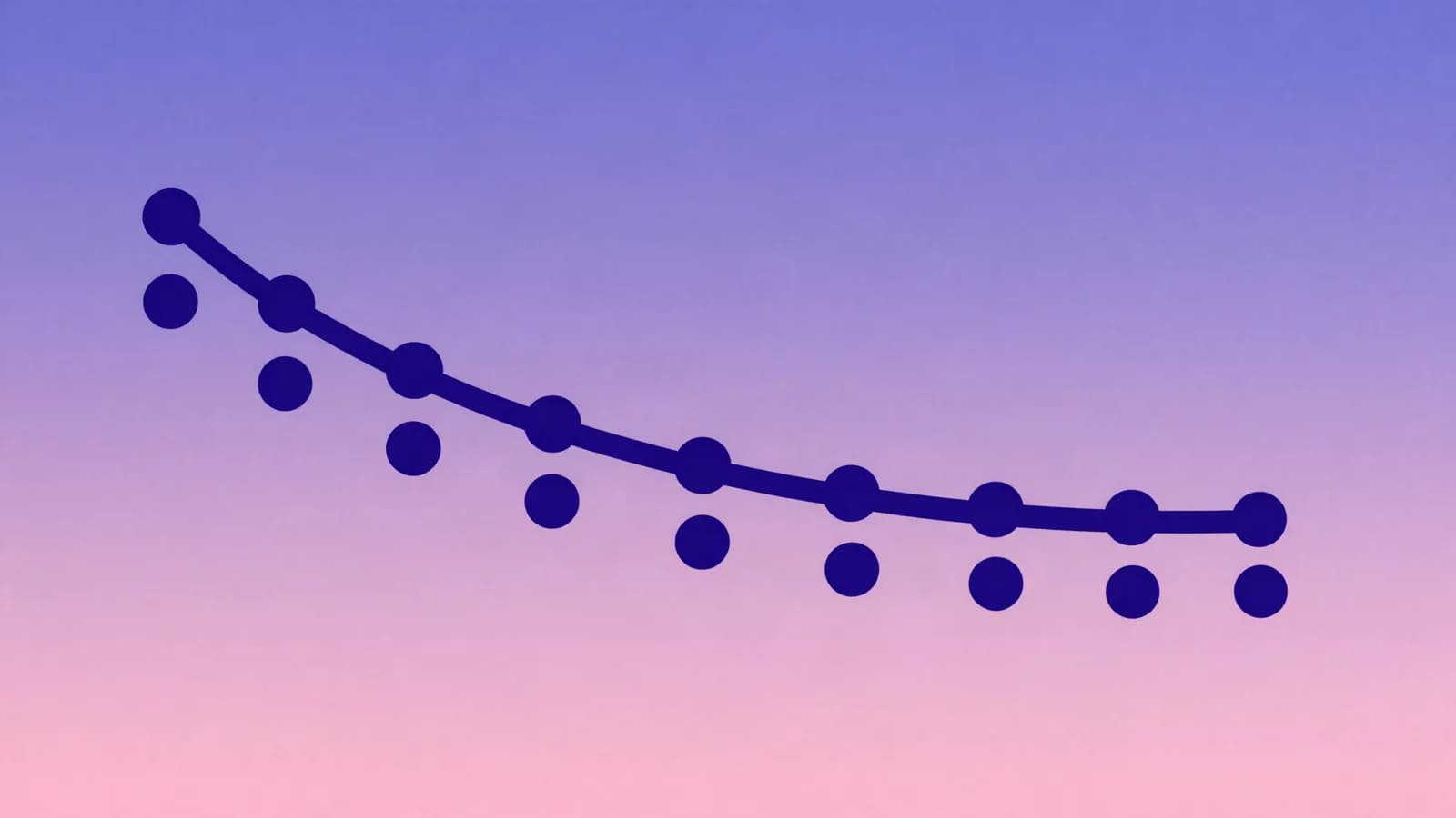 Ilustração de uma curva descendente com pontos ao longo dela e círculos se desprendendo abaixo, em tons de índigo, violeta e rosa