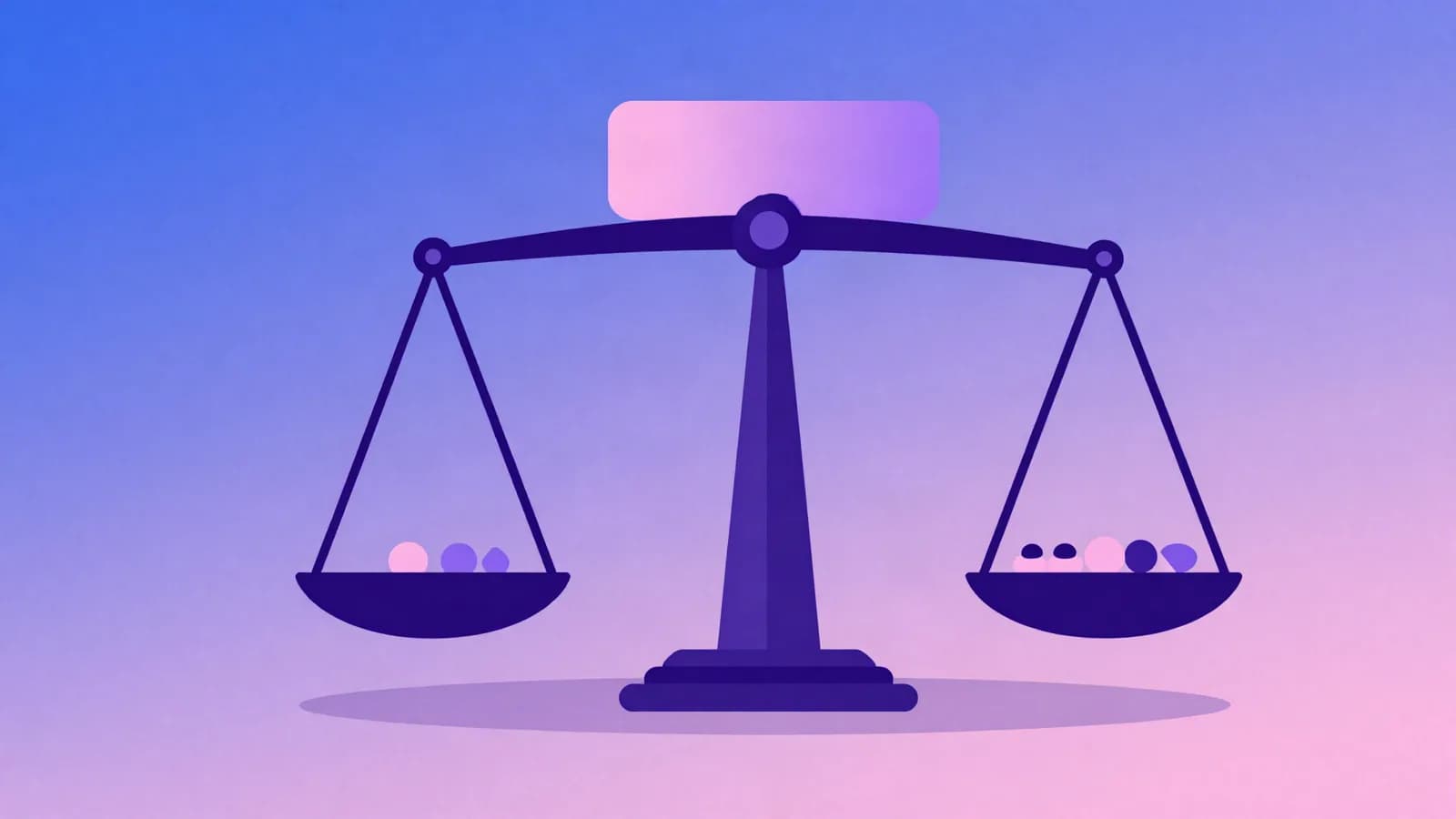 Ilustração de uma balança comparando dois modelos de cobrança em índigo, violeta e rosa
