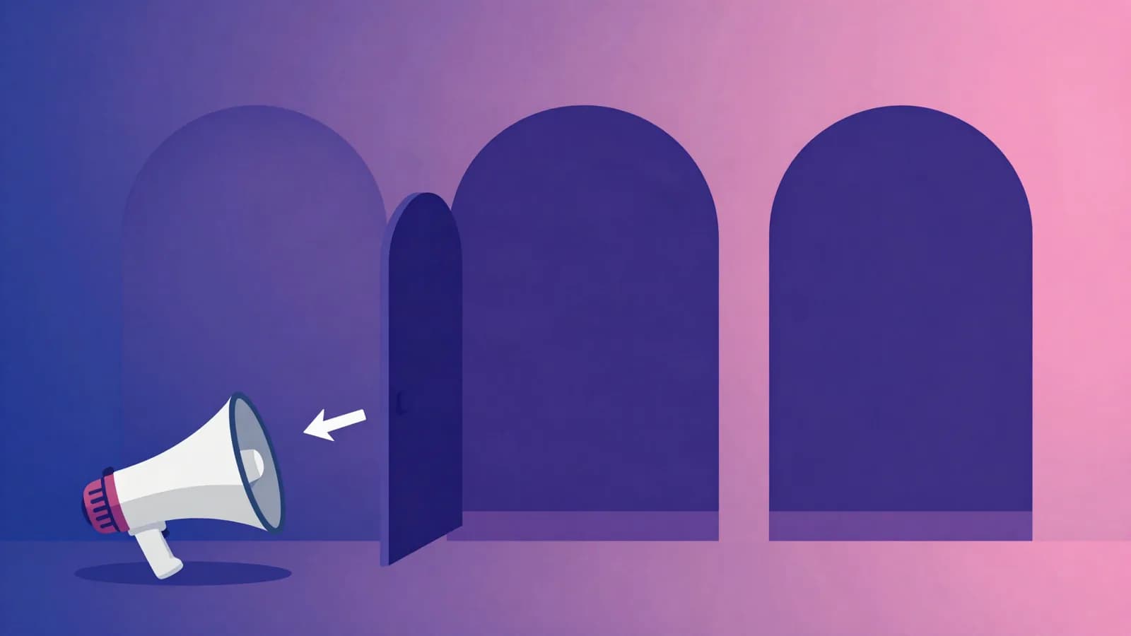Ilustração de um megafone voltado para uma fileira de portas em arco, com uma porta entreaberta e uma seta apontando de volta, em tons de índigo, violeta e rosa