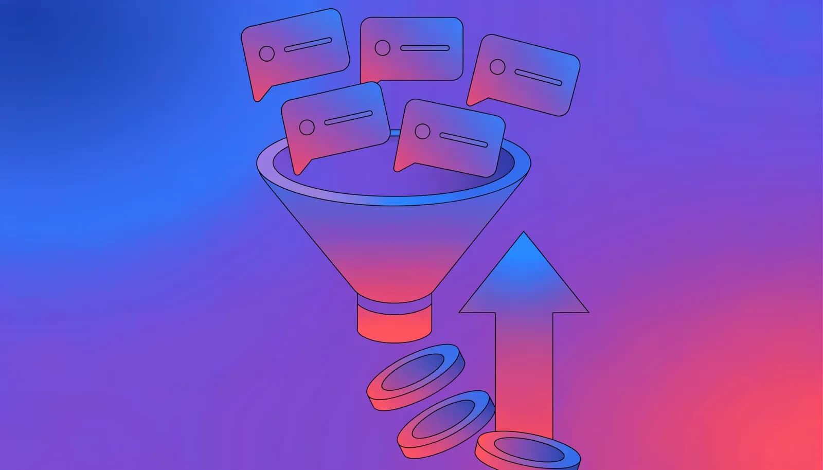 Ilustração de um funil de vendas com balões de mensagem entrando no topo e moedas saindo na base, representando o Telegram como funil de vendas