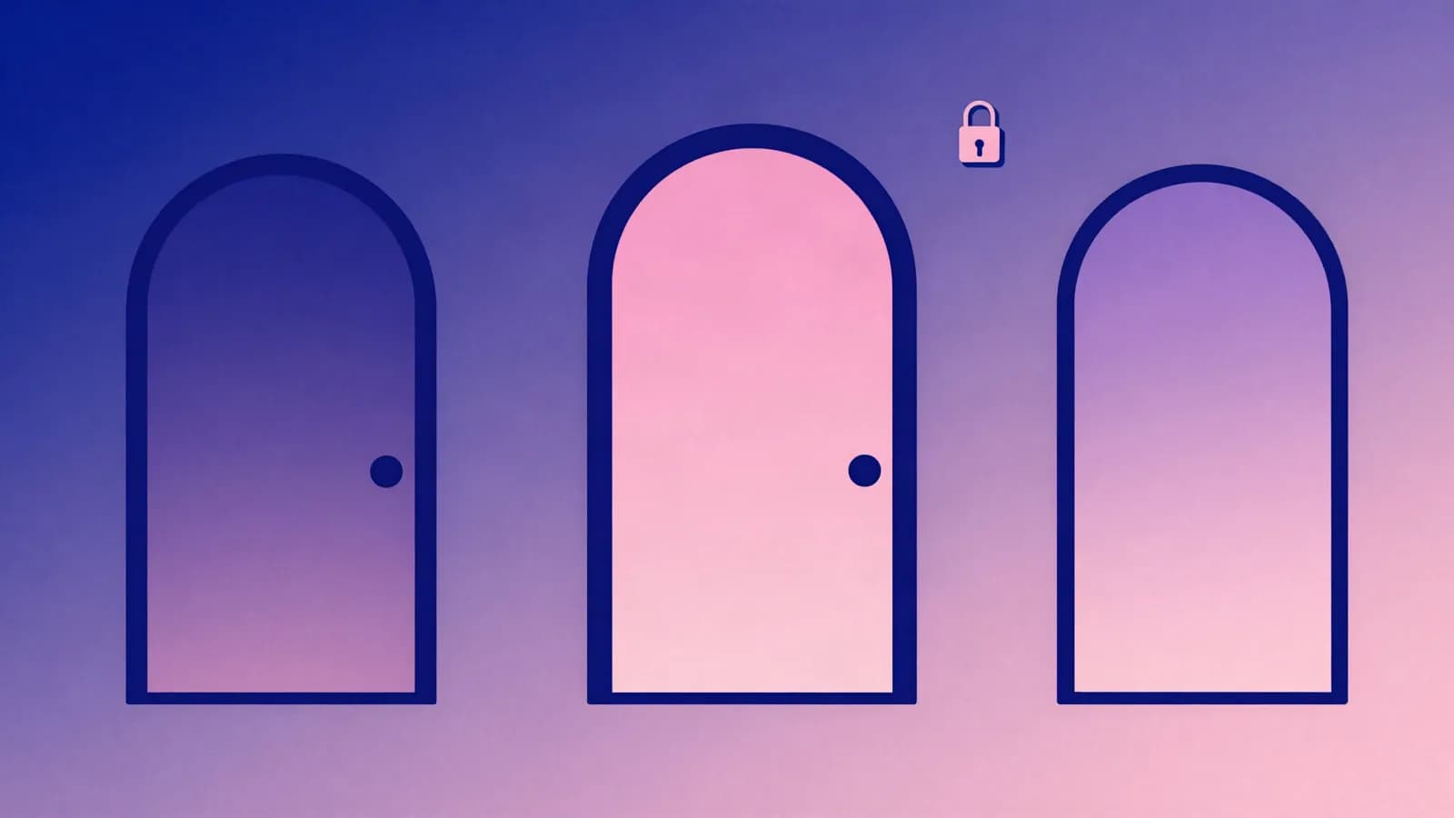 Ilustração de três portas em arco lado a lado com um cadeado sobre a porta central, em tons de índigo, violeta e rosa