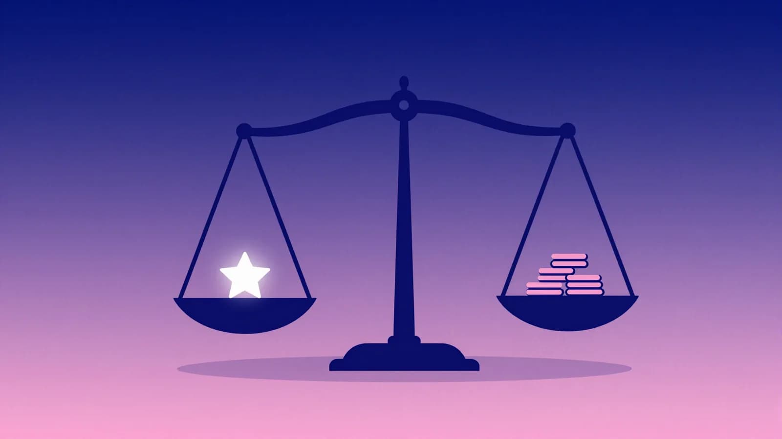 Ilustração de uma balança com uma estrela luminosa em um prato e uma pilha de moedas no outro, representando a comparação entre Telegram Stars e pagamento em dinheiro