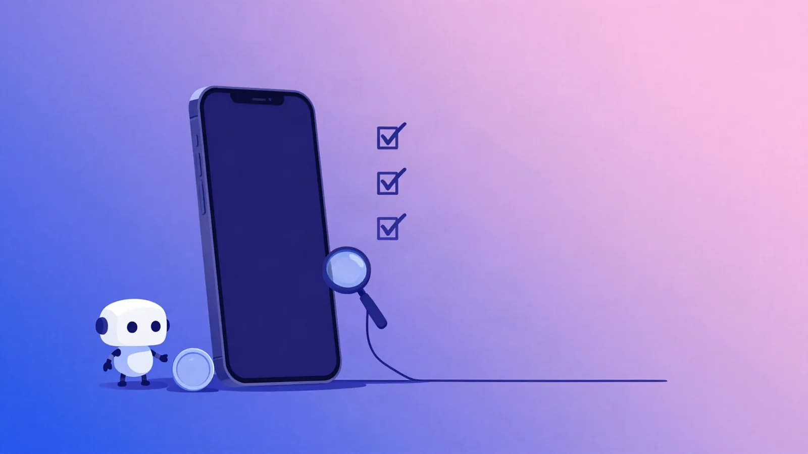 Ilustração de um celular ao lado de um pequeno robô e uma moeda, com uma lupa e três caixas marcadas com sinal de confirmação