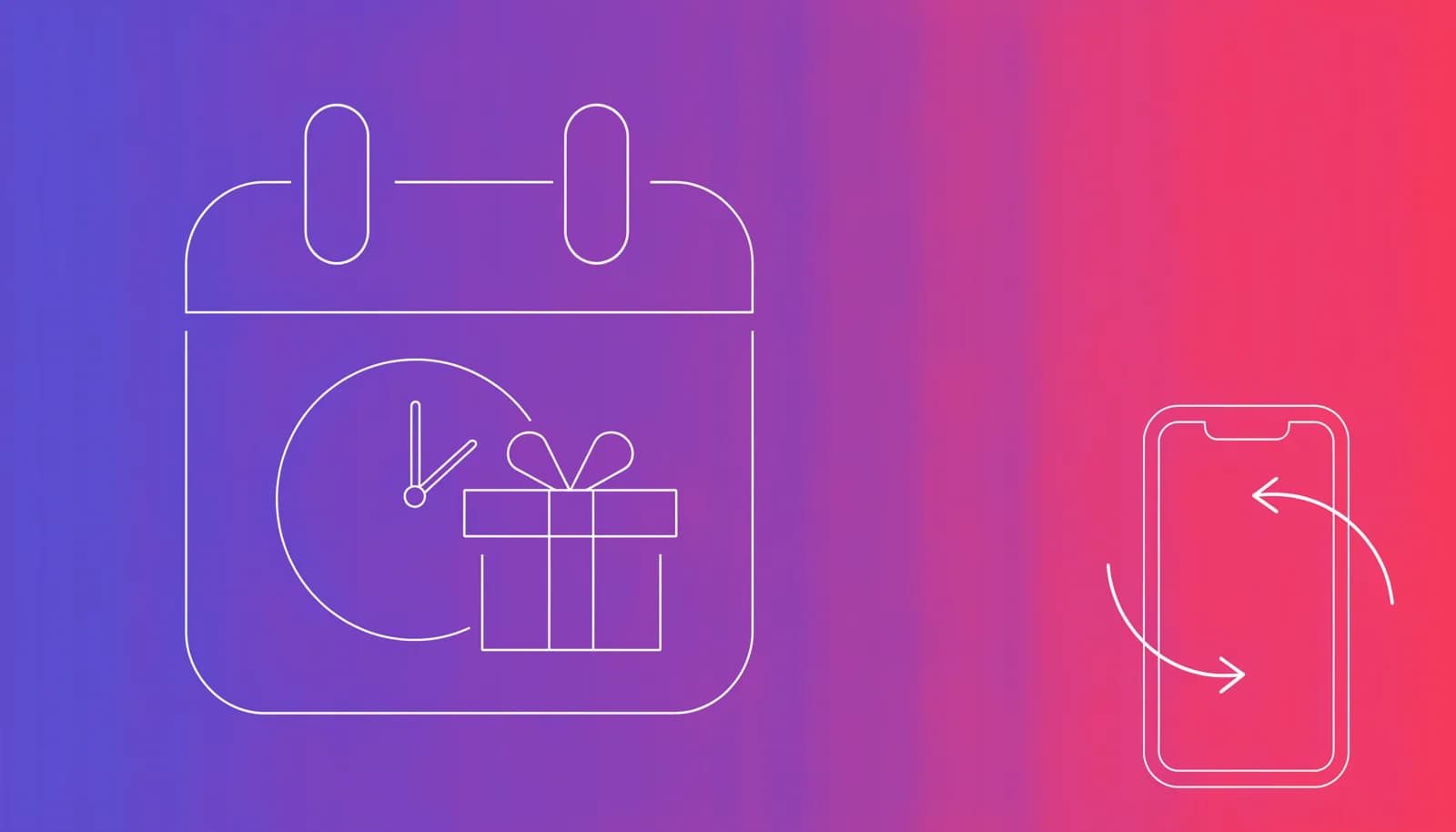 Ilustração de um calendário com um relógio e uma caixa de presente ao lado de um celular com seta de renovação, representando período de teste em assinatura recorrente