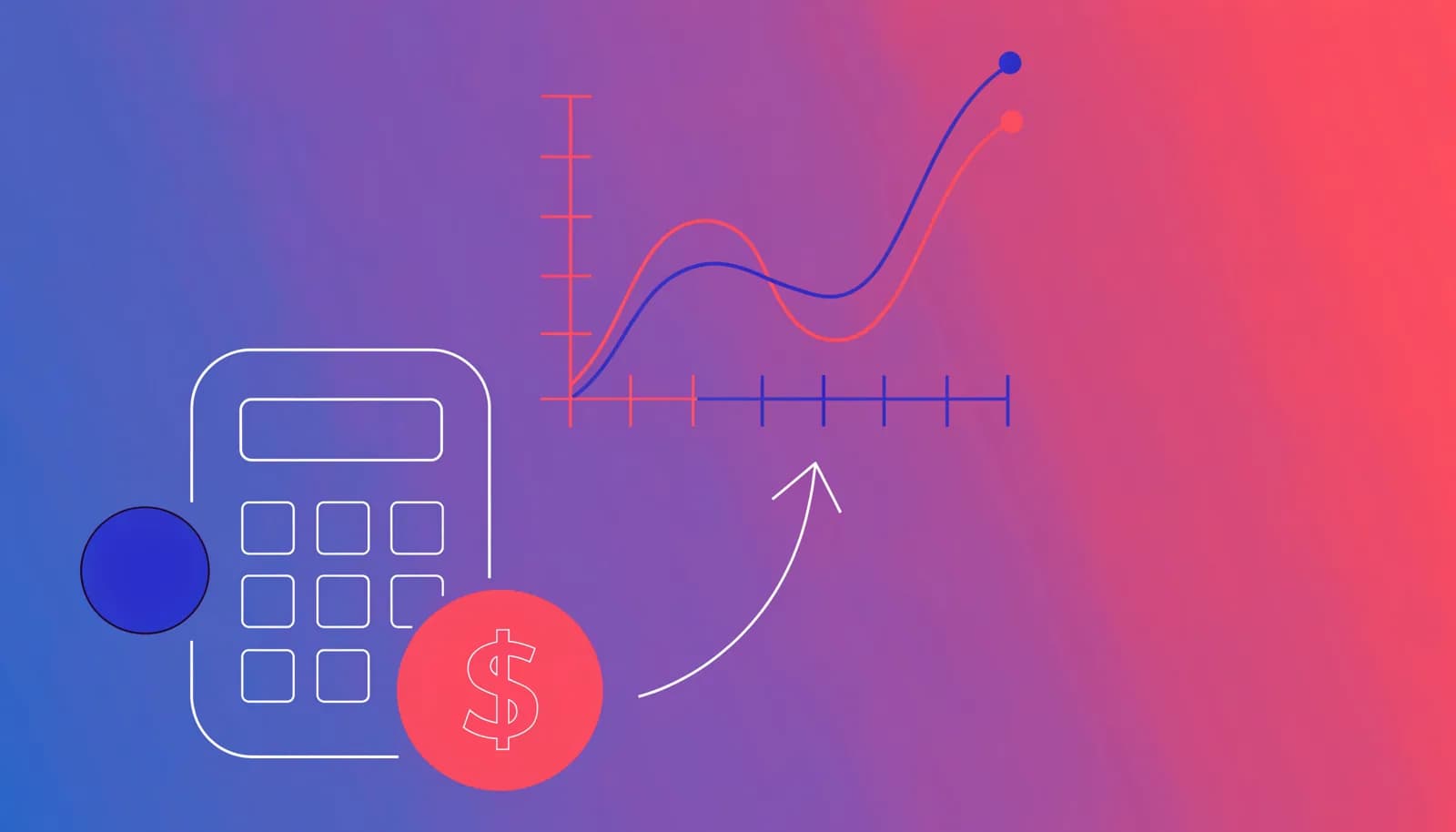 Ilustração de uma calculadora com símbolos de moeda e um gráfico de crescimento ao lado, representando o cálculo de ticket médio e valor do cliente ao longo do tempo