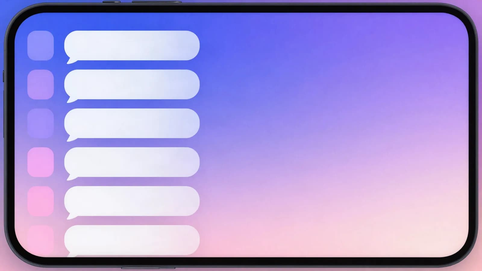 Ilustração de uma tela de celular com abas verticais coloridas na lateral e balões de conversa empilhados em uma coluna, em tons de índigo, violeta e rosa