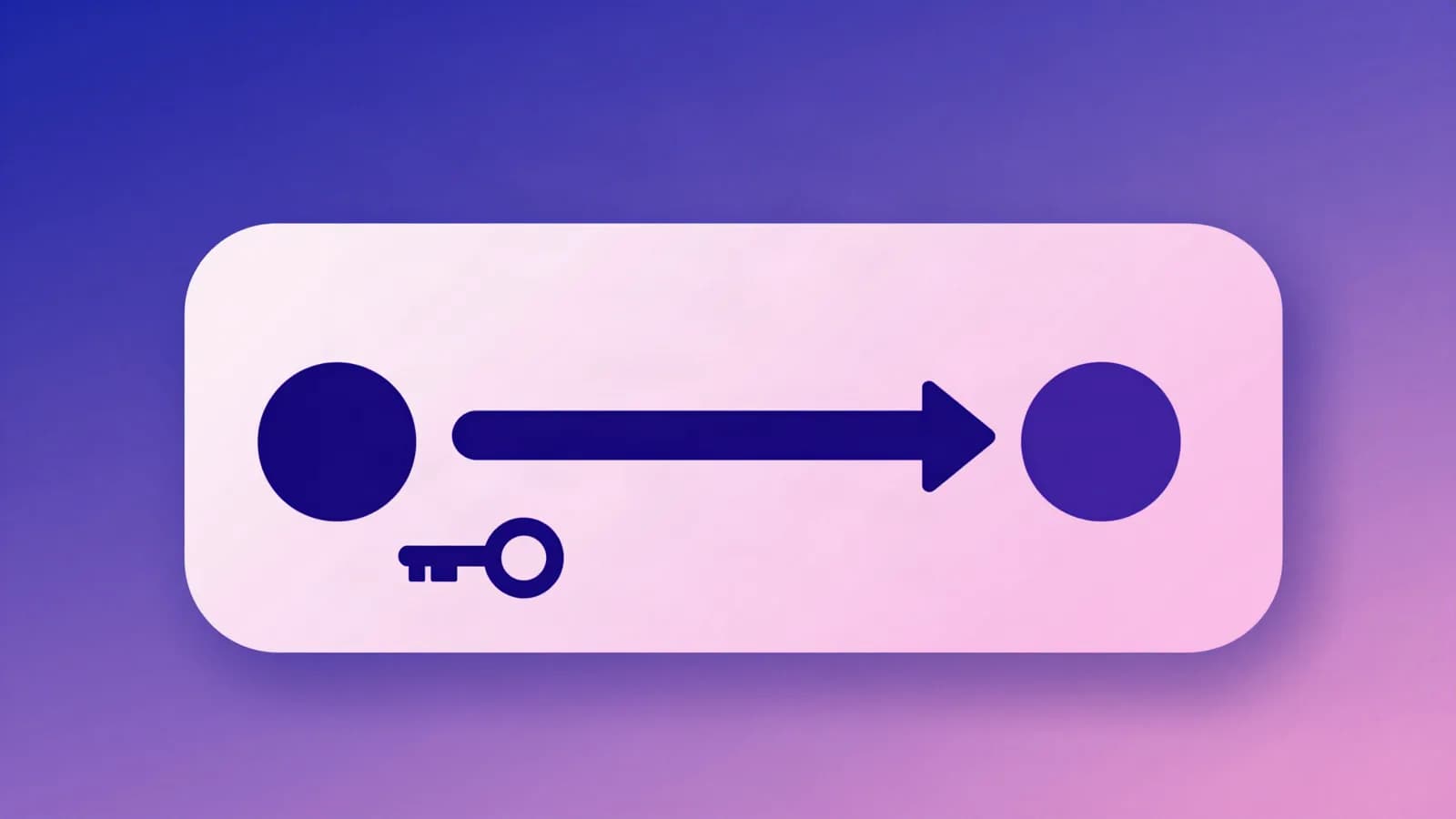 Ilustração de um cartão com dois círculos ligados por uma seta e uma chave ao lado, em tons de índigo, violeta e rosa