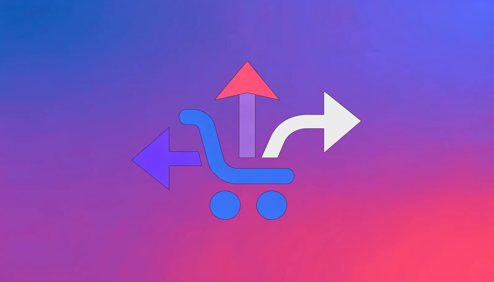 Ilustração de três setas apontando em direções diferentes a partir de um ícone de carrinho de compra, representando as três táticas de upsell, cross-sell e downsell