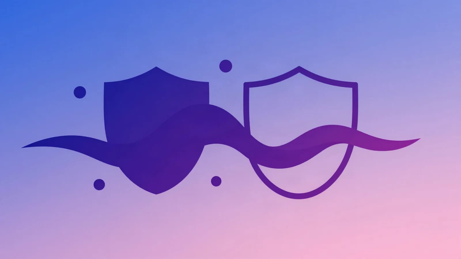 Ilustração de uma onda sonora atravessando dois escudos arredondados, em tons de índigo, violeta e rosa