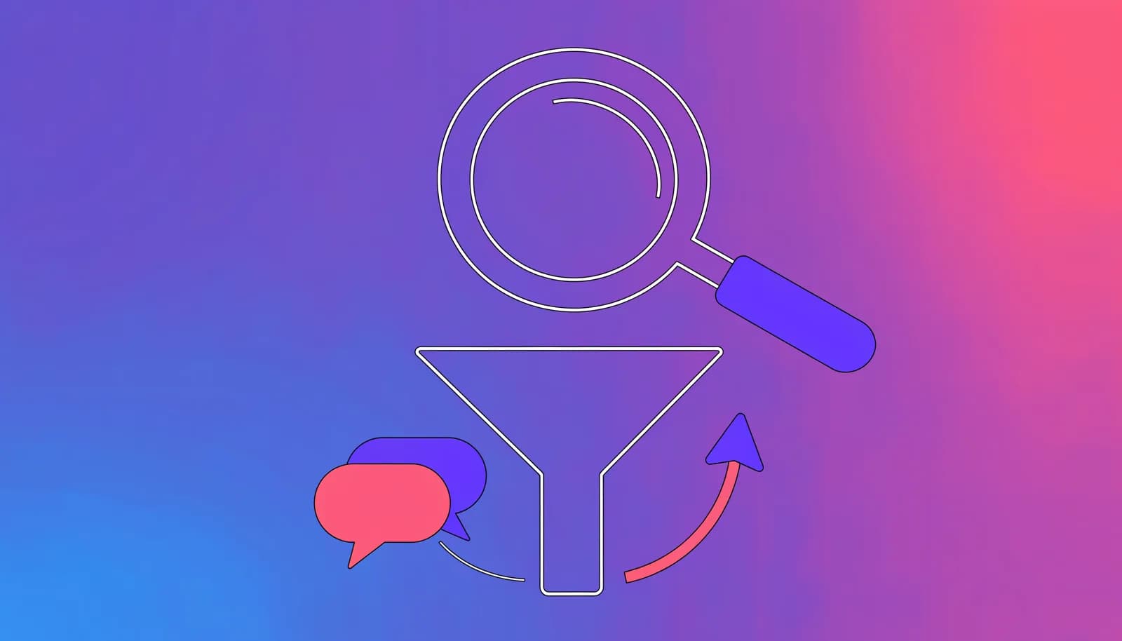 Ilustração de uma lupa sobre um funil com sinais de interesse (balões de conversa e um cifrão), representando a validação de um nicho antes de lançar um grupo pago