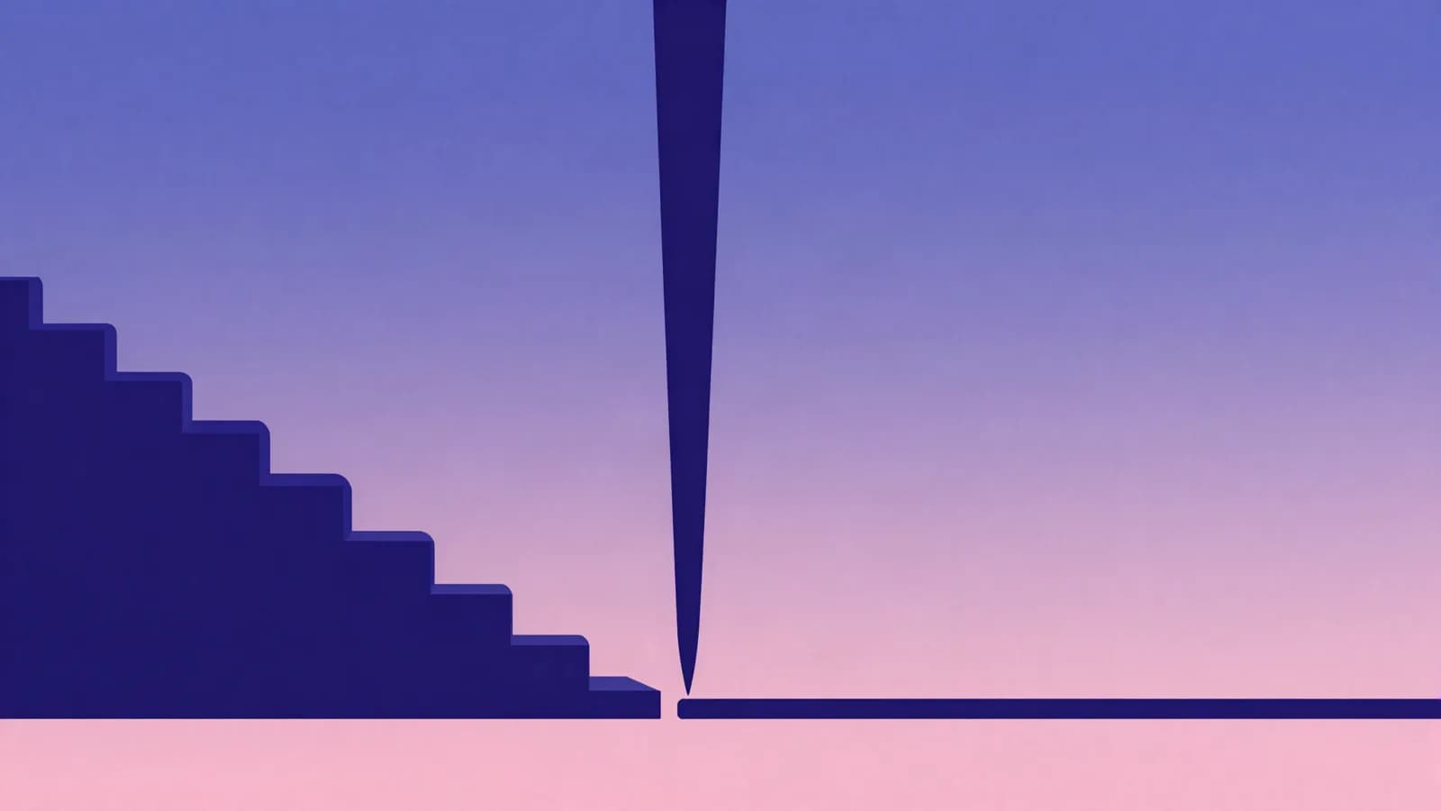 Ilustração de uma escada que desce em degraus ao lado de uma forma que cai direto até uma linha reta, em tons de índigo, violeta e rosa