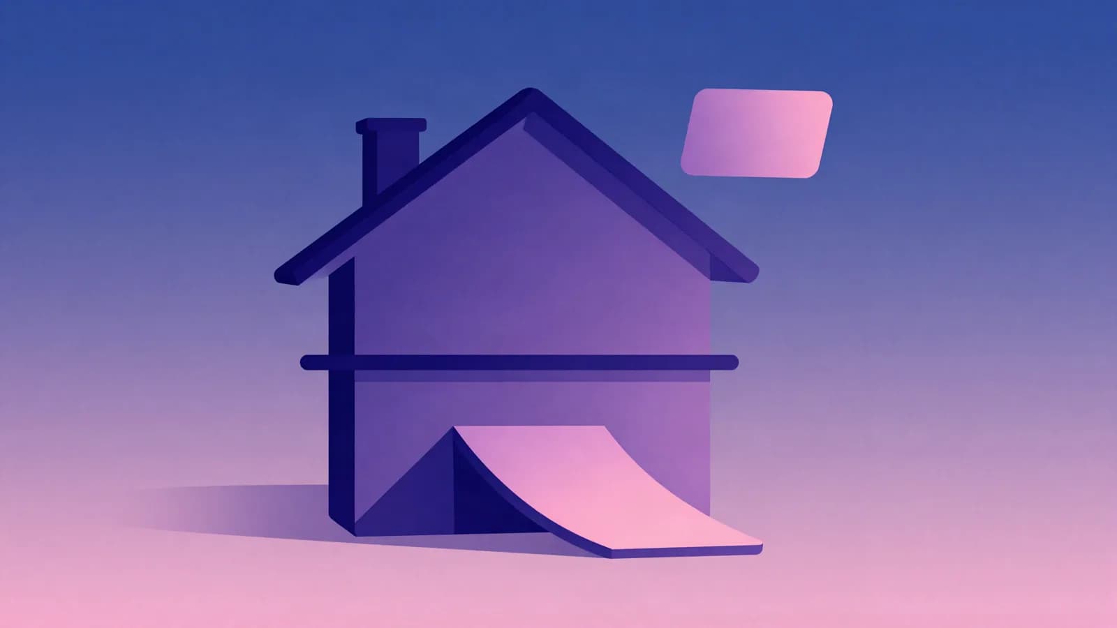 Ilustração de uma casa geométrica com uma linha horizontal atravessando a fachada e uma rampa saindo da porta, com um cartão arredondado ao lado
