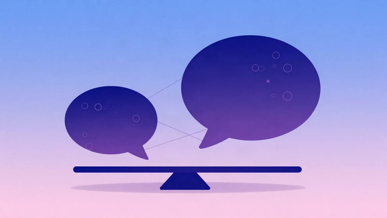 Ilustração de dois balões de conversa de tamanhos diferentes equilibrados sobre uma balança, com pequenos círculos representando pessoas dentro de cada um