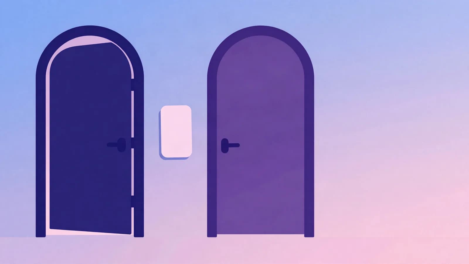 Ilustração de duas portas em arco lado a lado, uma aberta e uma fechada, com um cartão arredondado entre elas, em tons de índigo, violeta e rosa