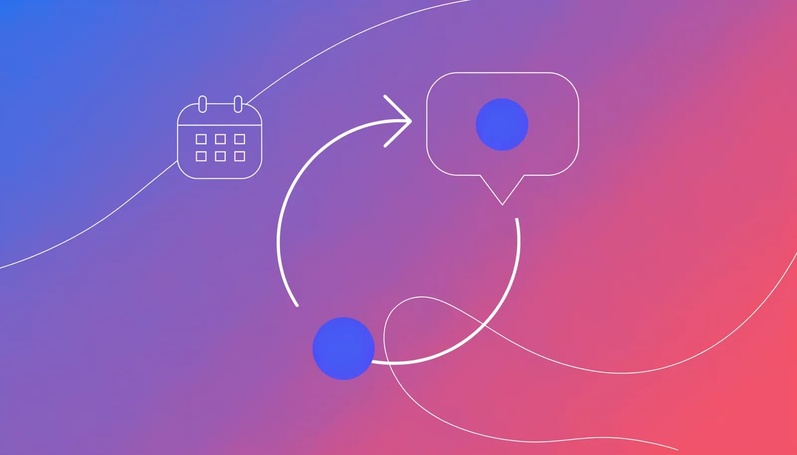 Ilustração de uma seta circular trazendo de volta um ícone de perfil de usuário em direção a um balão de conversa, representando a reativação de um assinante que cancelou