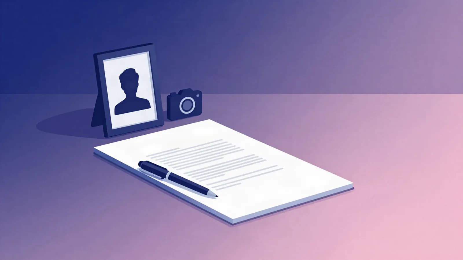 Ilustração de um documento assinado ao lado de um quadro de foto e uma câmera, em tons de índigo, violeta e rosa