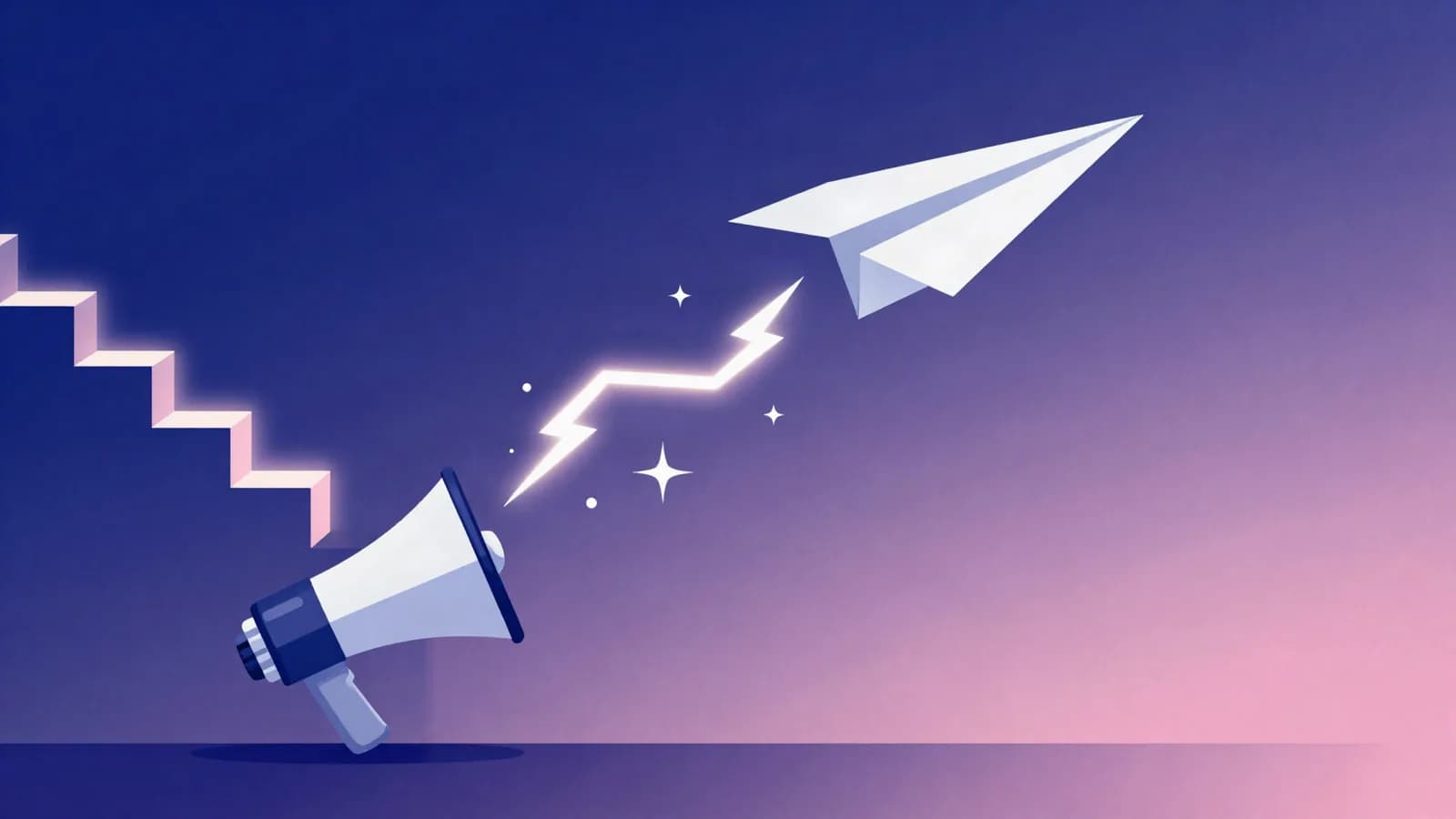 Ilustração de um avião de papel subindo impulsionado por um raio que sai de um megafone, ao lado de uma escada iluminada, em tons de índigo, violeta e rosa