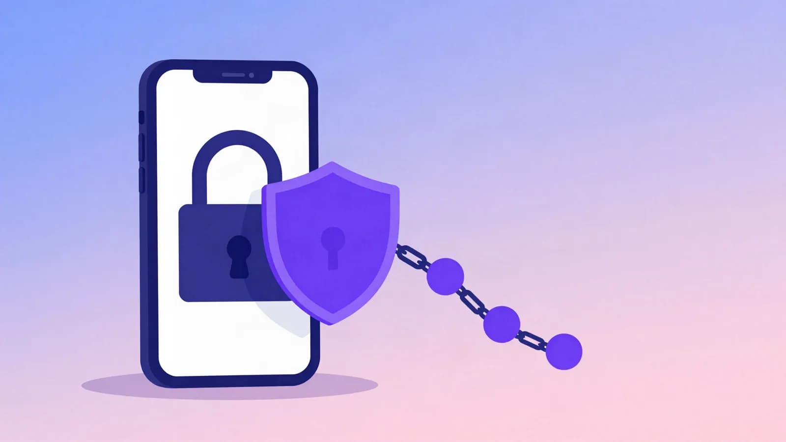 Ilustração de um celular com cadeado e escudo em tons de índigo, violeta e rosa