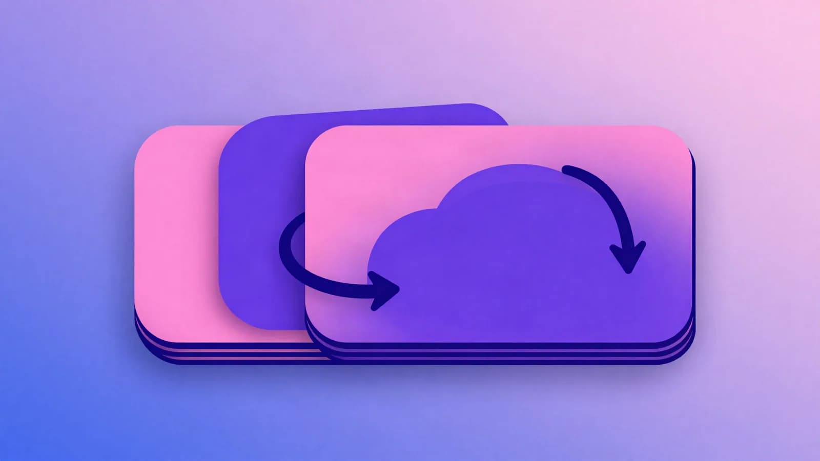 Ilustração de dois cartões arredondados idênticos empilhados com uma seta curva de retorno ao lado, em tons de índigo, violeta e rosa