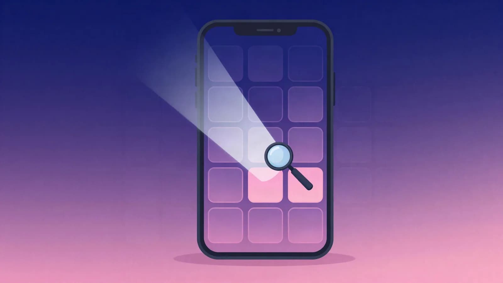 Ilustração de um celular com uma grade de quadros em branco, iluminado por um feixe de luz e examinado por uma lupa, em tons de índigo, violeta e rosa