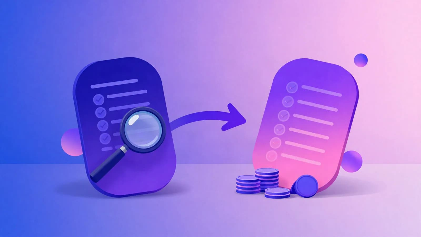 Ilustração de dois cartões flutuantes com listas de itens marcados, ligados por uma seta, com uma lupa sobre a primeira lista e pilhas de moedas ao lado