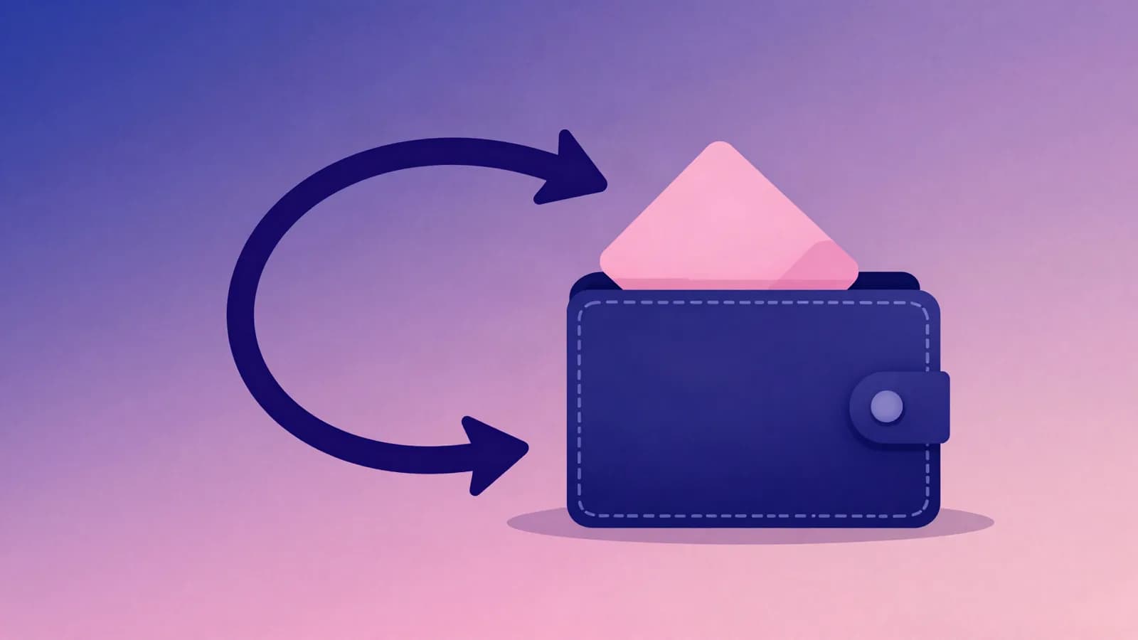 Ilustração de uma seta curva de retorno apontando para uma carteira com um cartão dentro, em tons de índigo, violeta e rosa