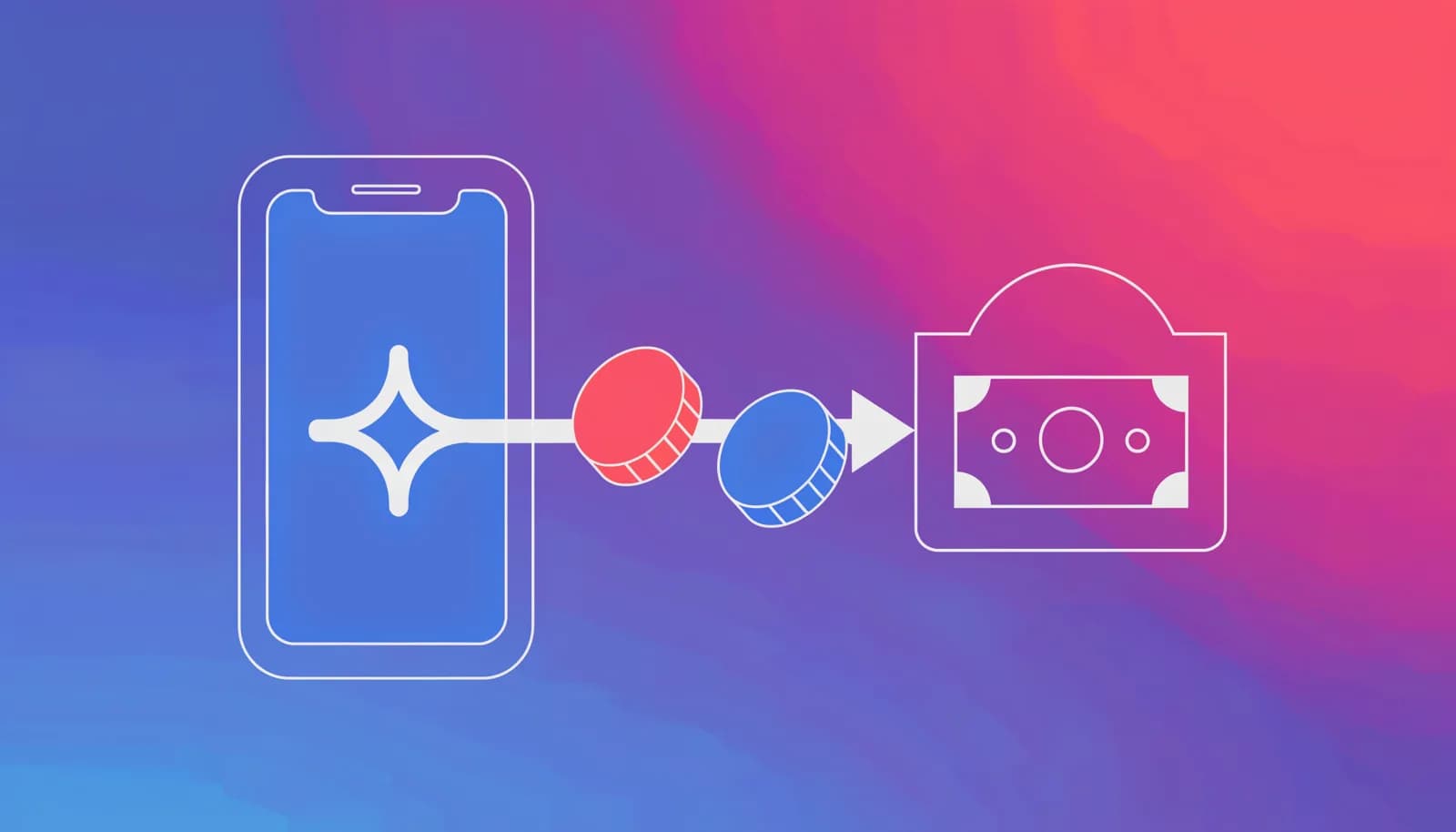 Ilustração de um pagamento digital atravessando direto de um celular até uma conta bancária, com símbolos de PIX e um funil de dinheiro, representando o modelo de pagamento pass-through