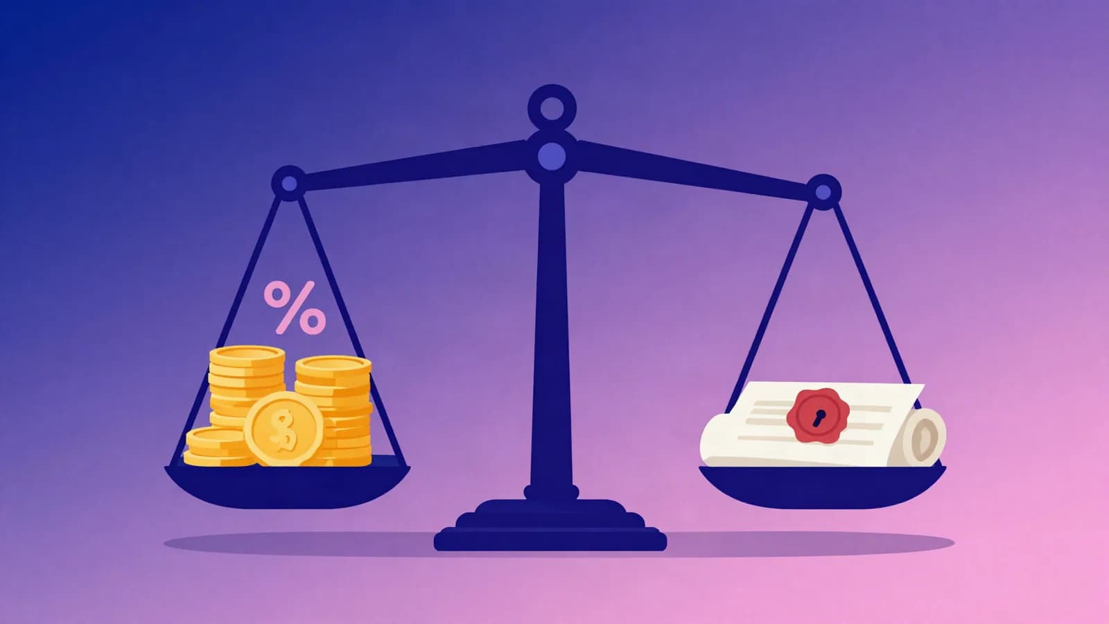 Ilustração de uma balança com uma pilha de moedas de um lado e um documento lacrado com um cadeado do outro