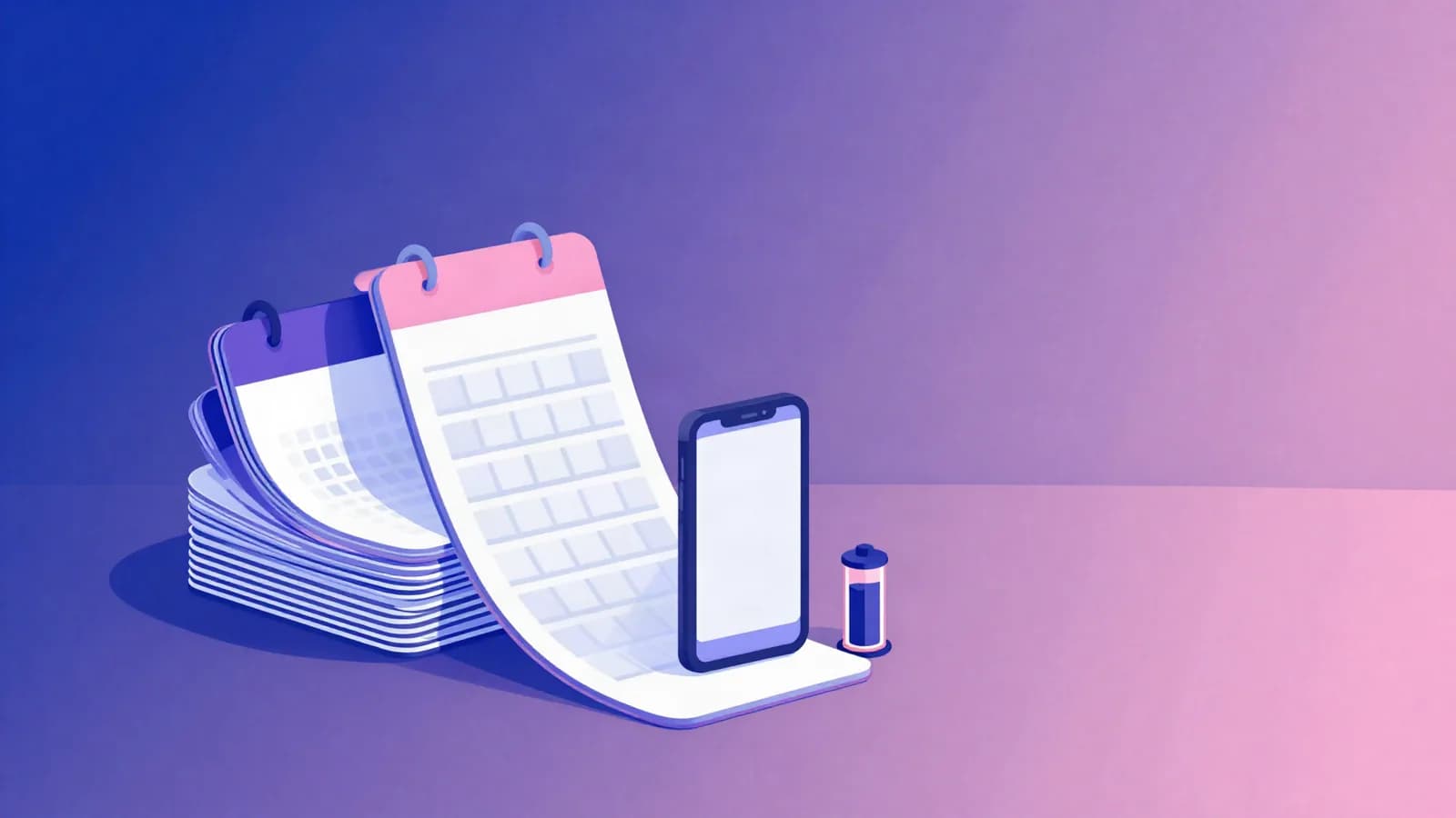 Ilustração de uma pilha de cartões empilhados fluindo para um calendário em branco ao lado de um celular, representando o acervo de conteúdo planejado de um grupo VIP