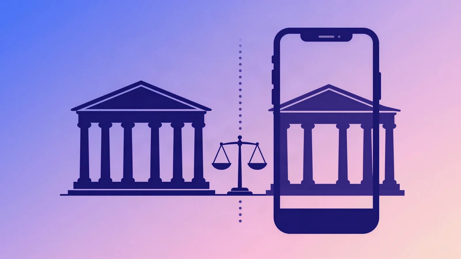 Ilustração de um prédio público com colunas ao lado de um celular que mostra o mesmo prédio, separados por linha pontilhada, com uma balança ao centro