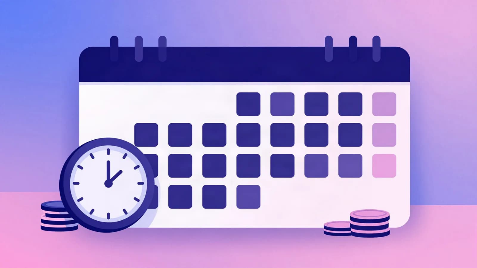 Ilustração de um calendário com dias marcados ao lado de um relógio e moedas empilhadas, em tons de índigo, violeta e rosa