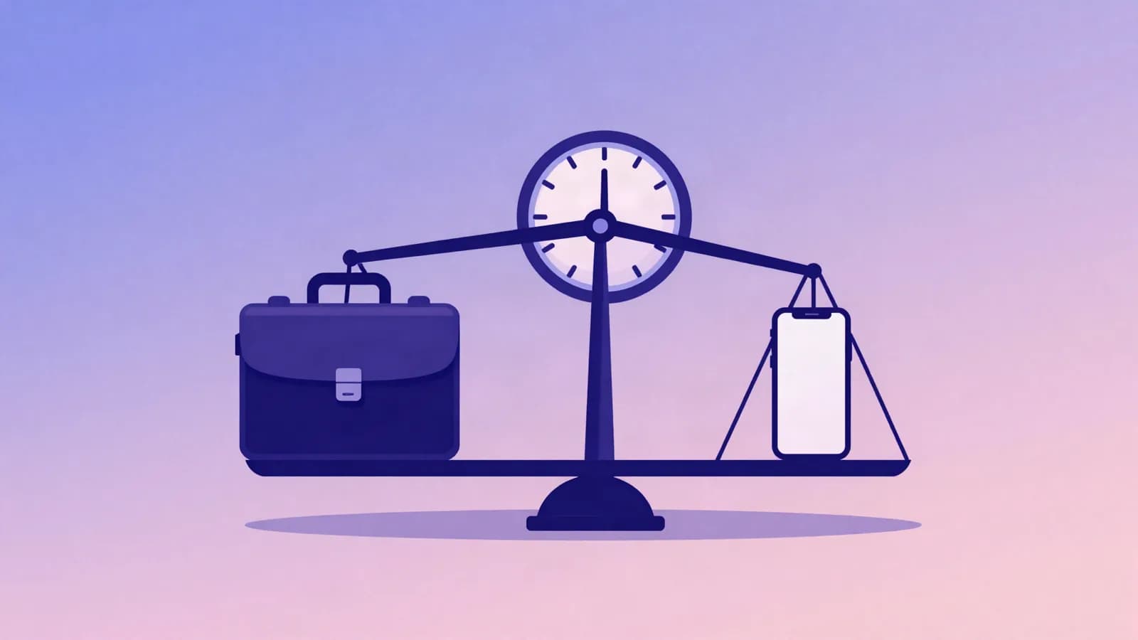 Ilustração de uma maleta de trabalho e um celular equilibrados nos dois pratos de uma balança, com um relógio ao fundo, em tons de índigo, violeta e rosa