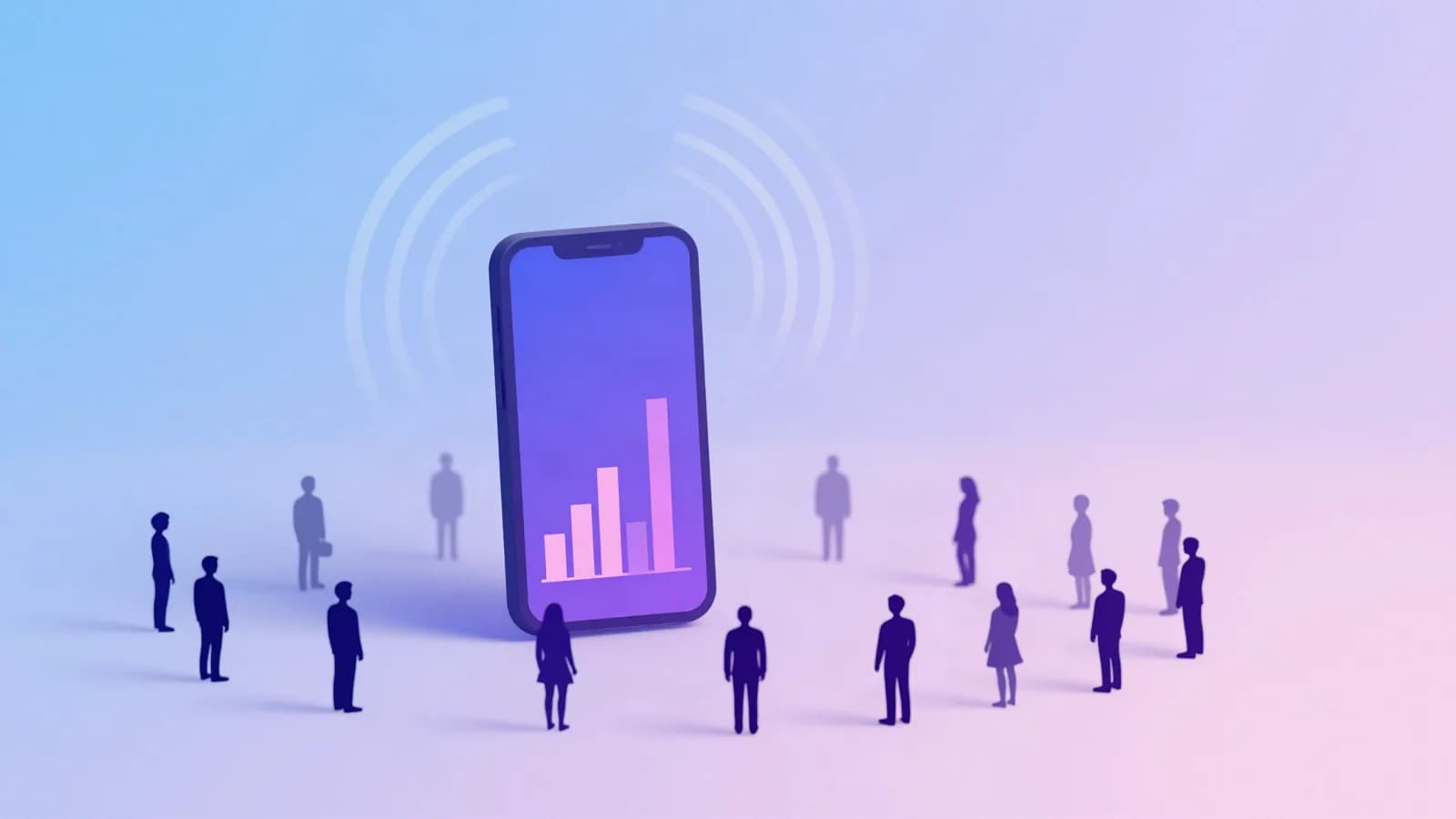 Ilustração de um celular com um gráfico de barras emitindo ondas em direção a silhuetas de pessoas, algumas apagadas