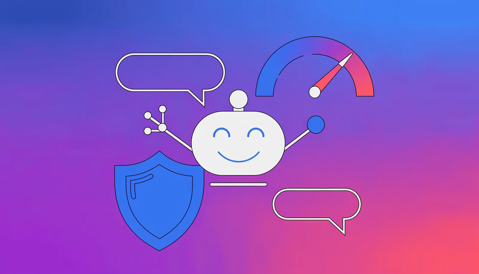 Ilustração de um robô de chat com um escudo de proteção ao lado de um medidor de velocidade, representando limites seguros de envio de mensagens para evitar banimento de bot