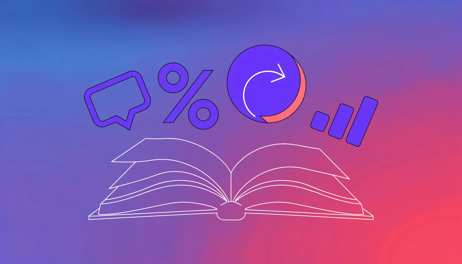 Ilustração de um livro aberto com ícones de bot, PIX, gráfico e cadeado flutuando acima das páginas, representando um glossário de termos de vendas no Telegram